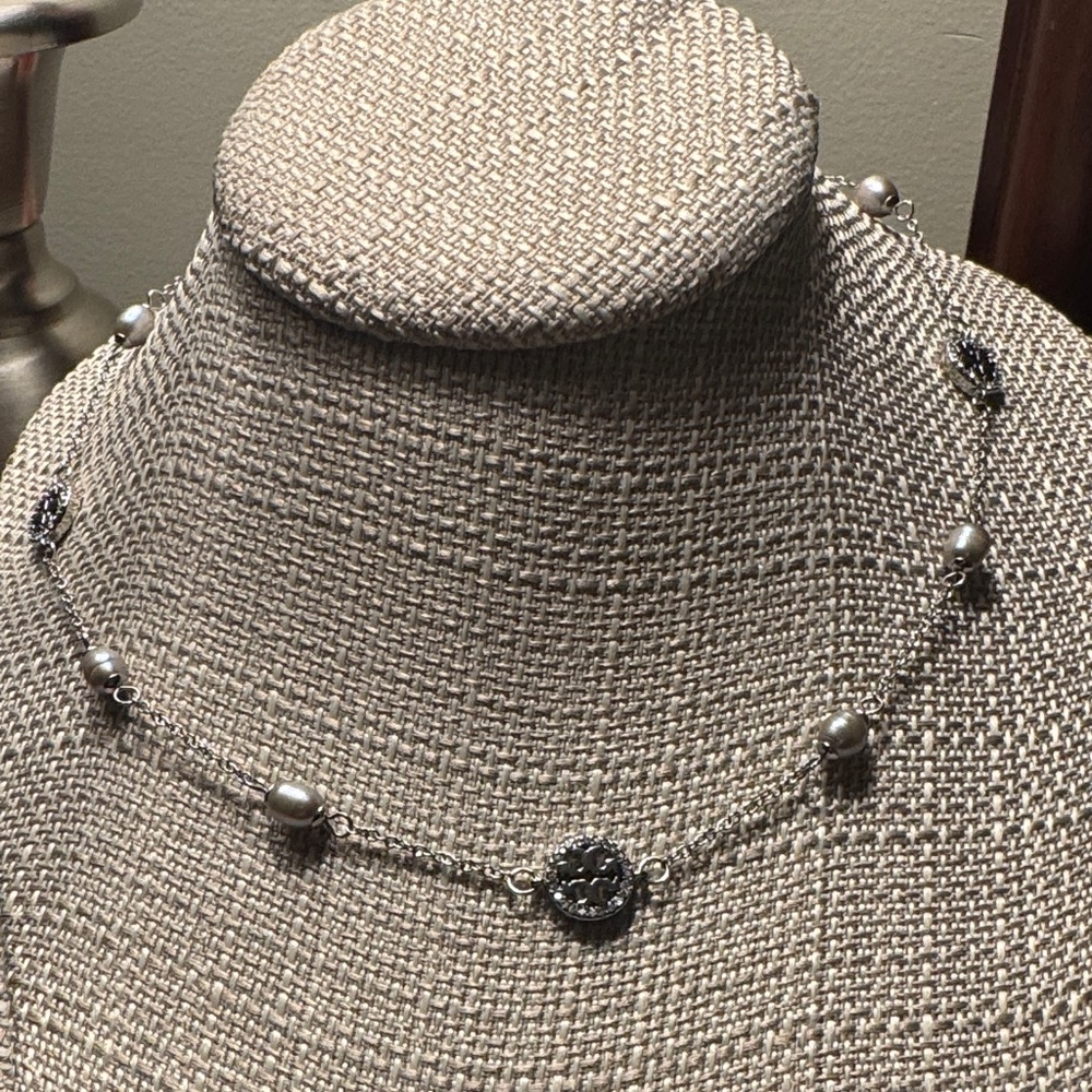 NWOT Tory Burch Miller Pave Necklace in Silver with Crystals and Pearls